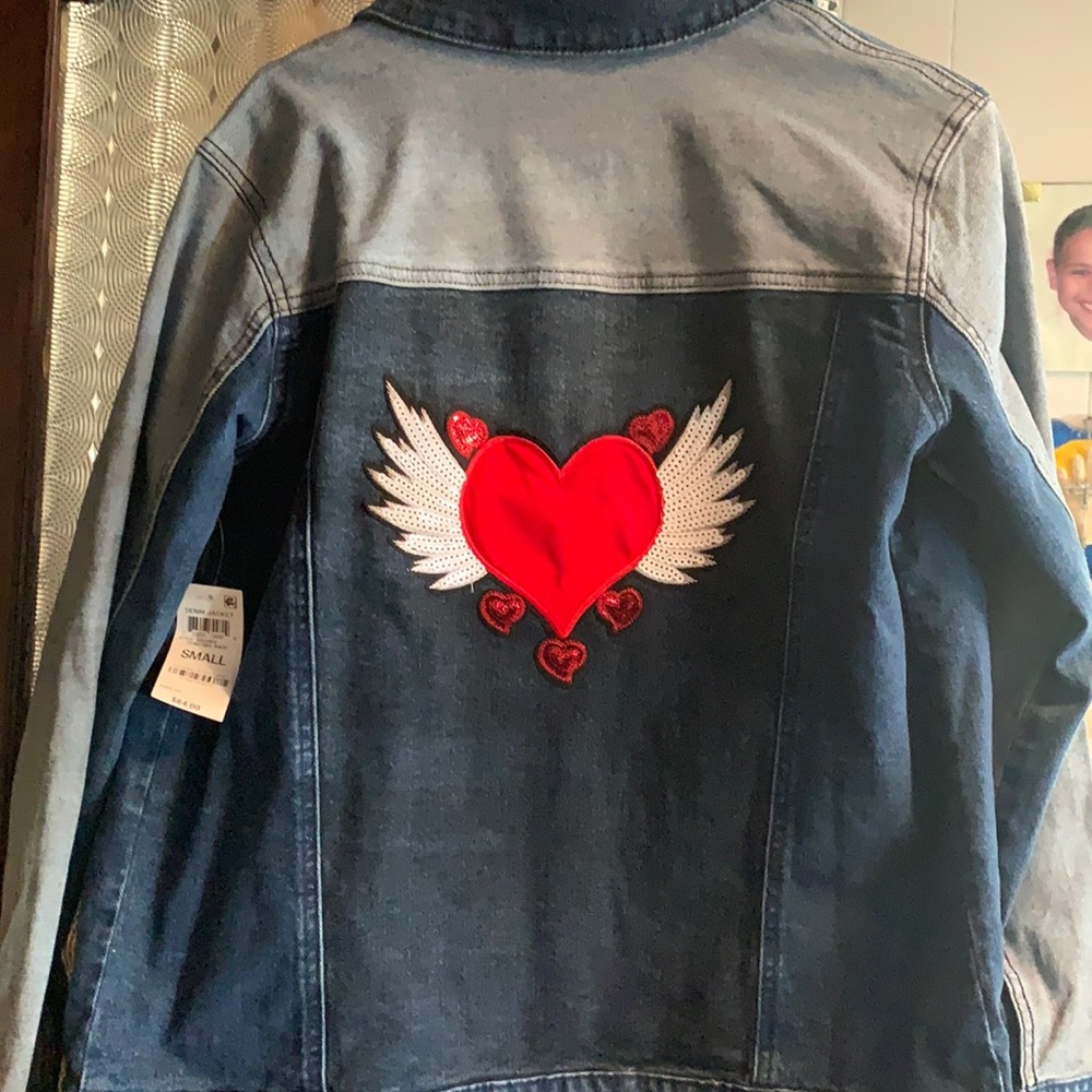NWT … custom color block Jean jacket . One of a kind Heart patch on back